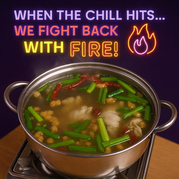 Steaming hot pot with broth, green onions, red peppers, and dumplings, with neon text above.