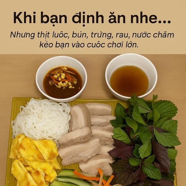 A Vietnamese platter with sliced pork, rice vermicelli, omelet strips, herbs, and dipping sauces.