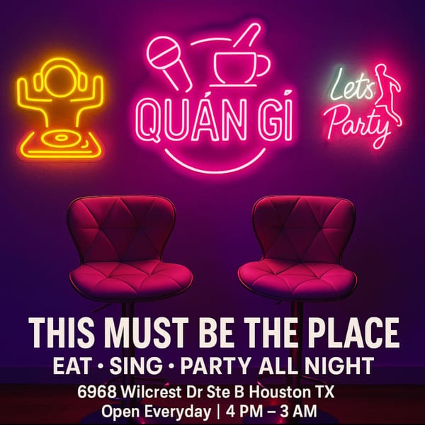 Neon signs for karaoke, DJ, and "Let's Party" above two bar stools, with event details below.