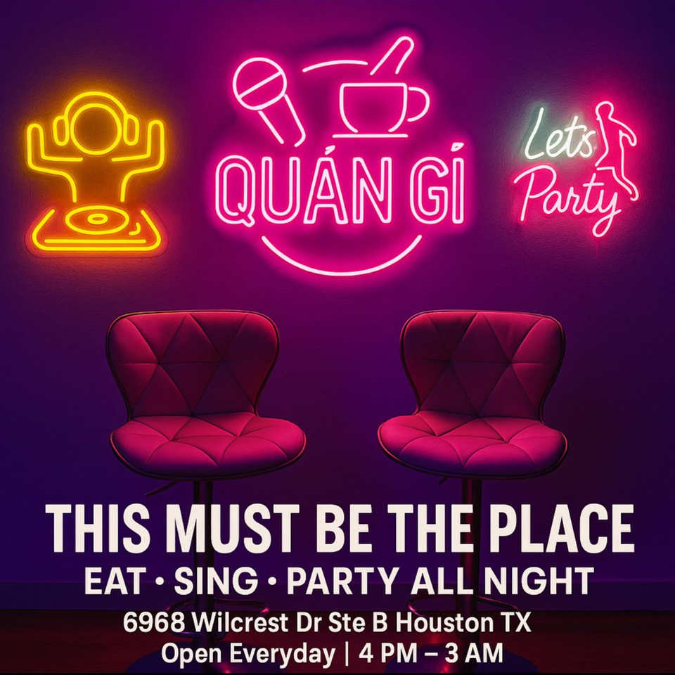 Neon signs for karaoke, DJ, and "Let's Party" above two bar stools, with event details below.
