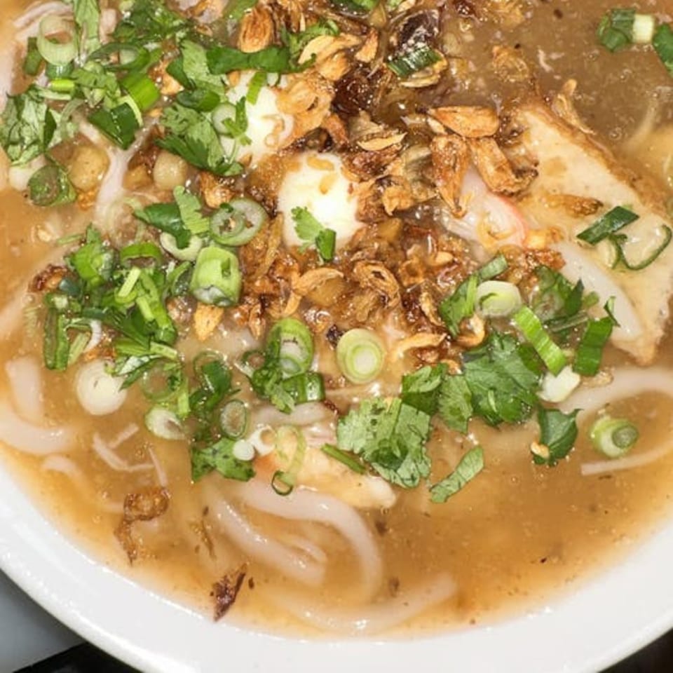 Close-up of Vietnamese noodle soup with broth, noodles, green onions, and fried shallots.