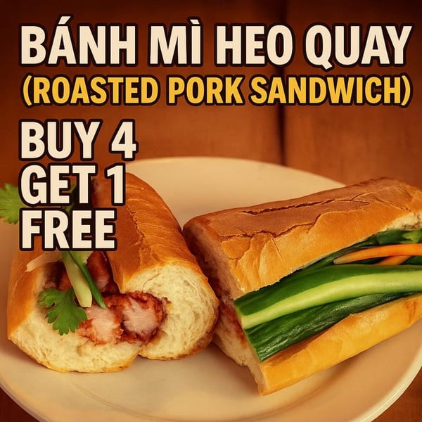 Two Vietnamese roasted pork bánh mì sandwiches on a white plate, with promotional text overlay.