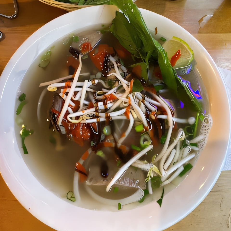 A bowl of Vietnamese pho with bean sprouts, herbs, lime, and chili sauce.